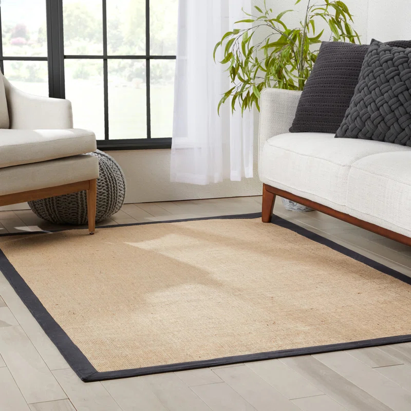 Ebern Designs Quince Sorel Solid Border Beige Black Natural Jute Non-Slip Handwoven Latex Area Rug