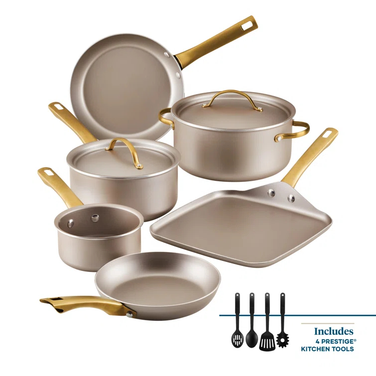 Farberware Farberware Radiant Nonstick Cookware Pots And Pans Set With Prestige Cooking Tools, 12 Piece, Champagne