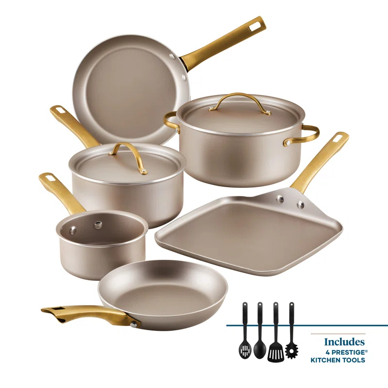 Farberware Farberware Radiant Nonstick Cookware Pots And Pans Set With Prestige Cooking Tools, 12 Piece, Champagne