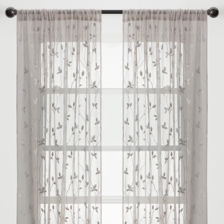 Lark Manor™ Aliaa 2 Panel Vine Leaf Embroidered Textured Sheer Curtain with Rod Pocket