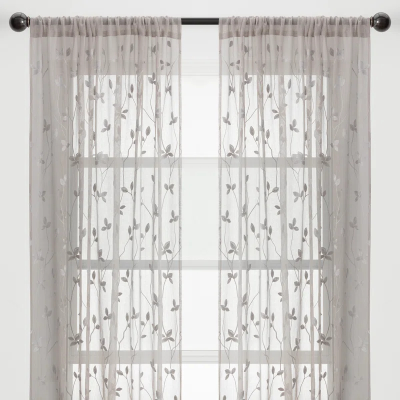 Lark Manor™ Aliaa 2 Panel Vine Leaf Embroidered Textured Sheer Curtain with Rod Pocket