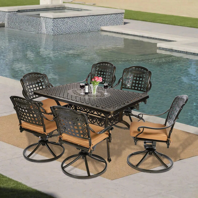 Wildon Home® Wildon Home® 7-piece Outdoor Furniture Dining Set, All-weather Cast Aluminum Patio Conversation Set, Include 6 Swivel Dining Chairs And A Rectangle Table With Umbrella Hole, khaki/green Cushion