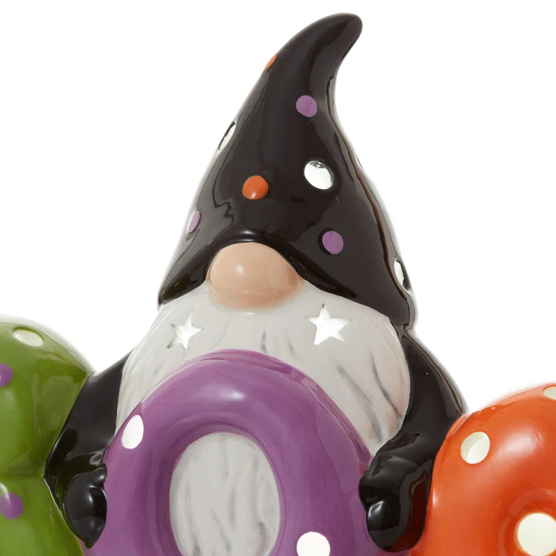 Pre-Lit Ceramic Halloween BOO Gnome Hand-Painted Tabletop Decor