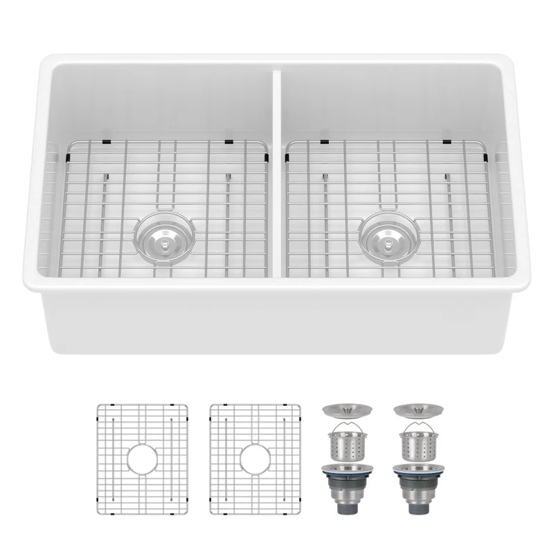 Sarlai 32'' L x 19" W White Ceramic 50/50 Double Basin Drop-In/Undermount Kitchen Sink with Sink Grids S-CSU3219-55