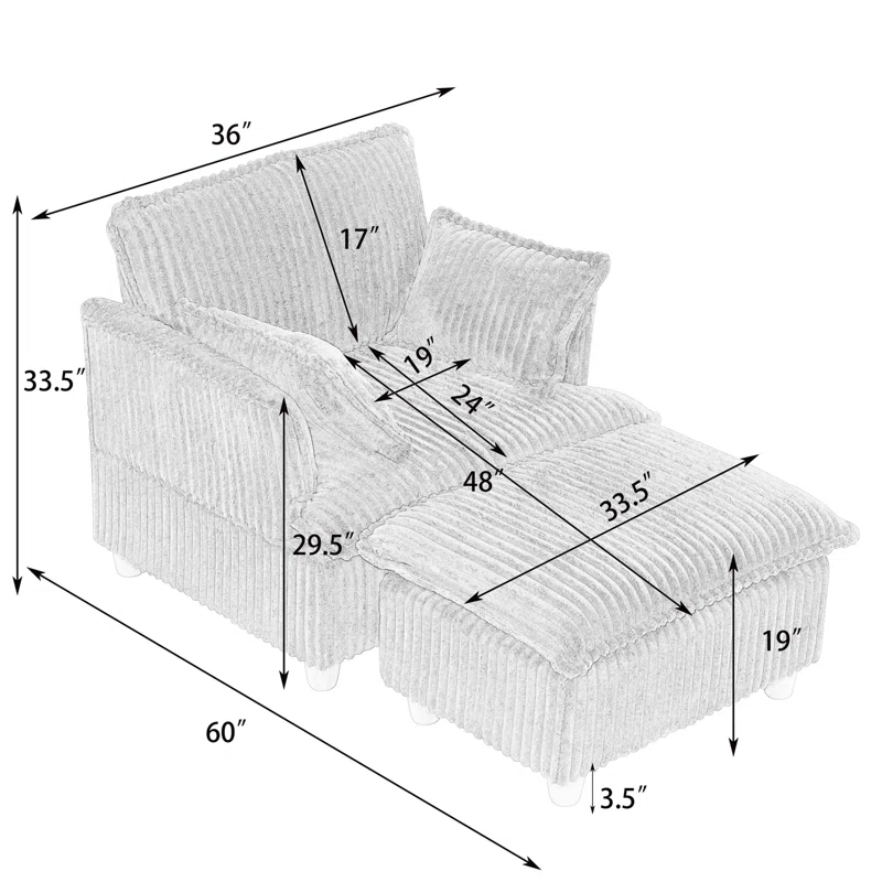 Everly Quinn This single-seat corduroy sofa comes with an ottoman and throw pillows