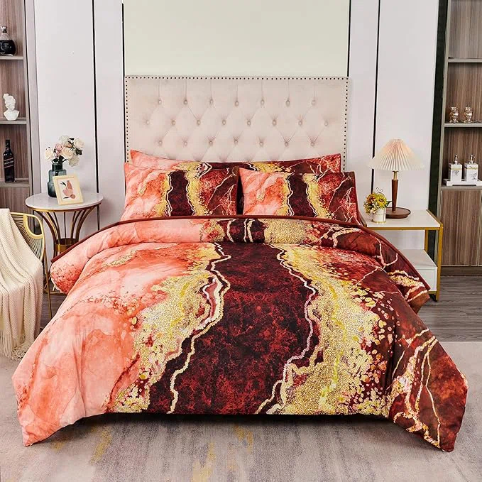 DANTUL 6 Pcs Orange Marble Printed Comforter With Sheet Sets Aesthetic Artwork Design Watercolor Bed In A Bag For All Season(Orange, King)