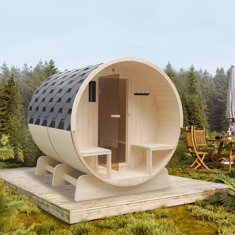 ALEKO Outdoor or Indoor White Finland Pine Wet Dry Barrel Sauna - Front Porch Canopy - 8 kW UL Certified KIP Harvia Heater -6-8 Person
