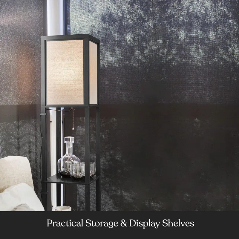 Brightech Maxwell Charger - Shelf Floor Lamp with USB Charging Ports and Electric Outlet - Tall, Narrow Tower Nightstand for Bedroom - Modern, Asian End Table with Light Attached - Black