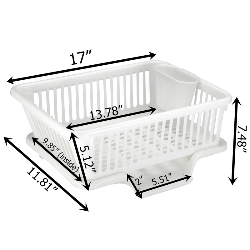Basicwise Heavy Duty 2-Piece Plastic Dish Drying Rack Set in White - Includes Large Dish Drainer, Attached Drainboard, and Utensil Cup Holders for Home Kitchen Countertop Organization