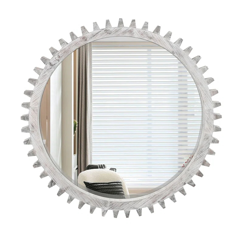 17 Stories Vintage 34'' X 34'' Wood Round Hanging Gear Shape Heavy Decorative Mirror For Bathroom Living Room Entryway Or Put Together To Your Liking