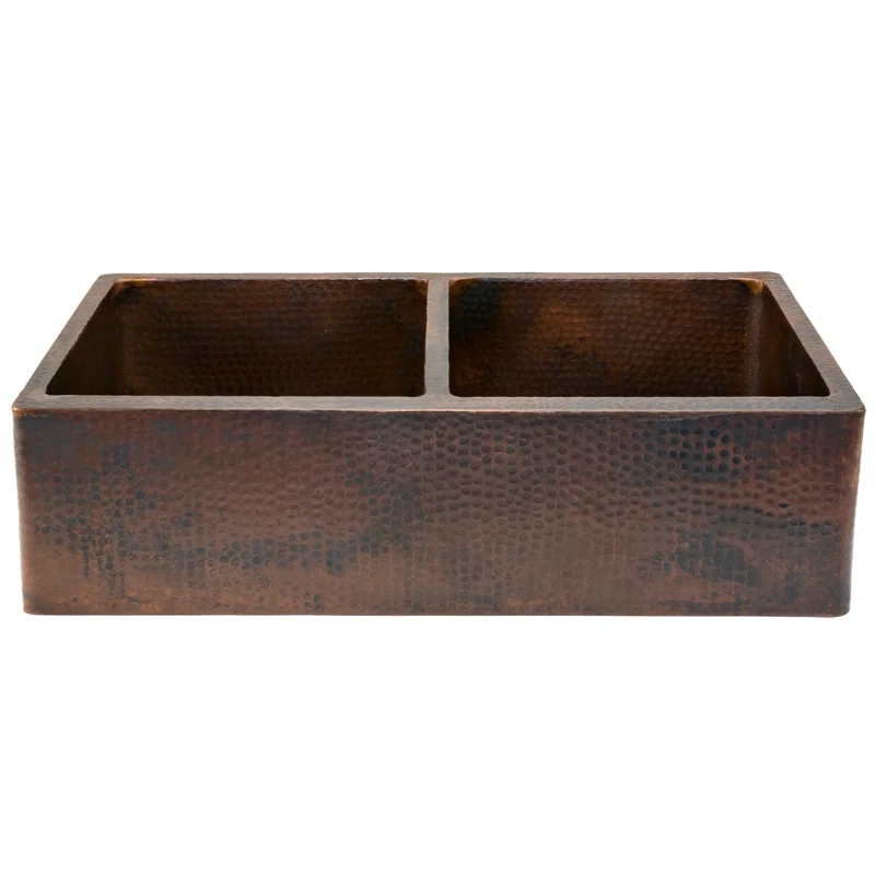 Premier Copper Products KA50DB33229 33" Hammered Copper Apron Front 50/50 Double Basin Kitchen Sink