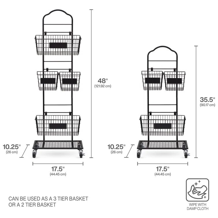 Gourmet Basics by Mikasa Gourmet Basics By Mikasa Mercato Adjustable 2 Or 3 Tier Standing Storage Fruit Basket Rack With Wheels, Black