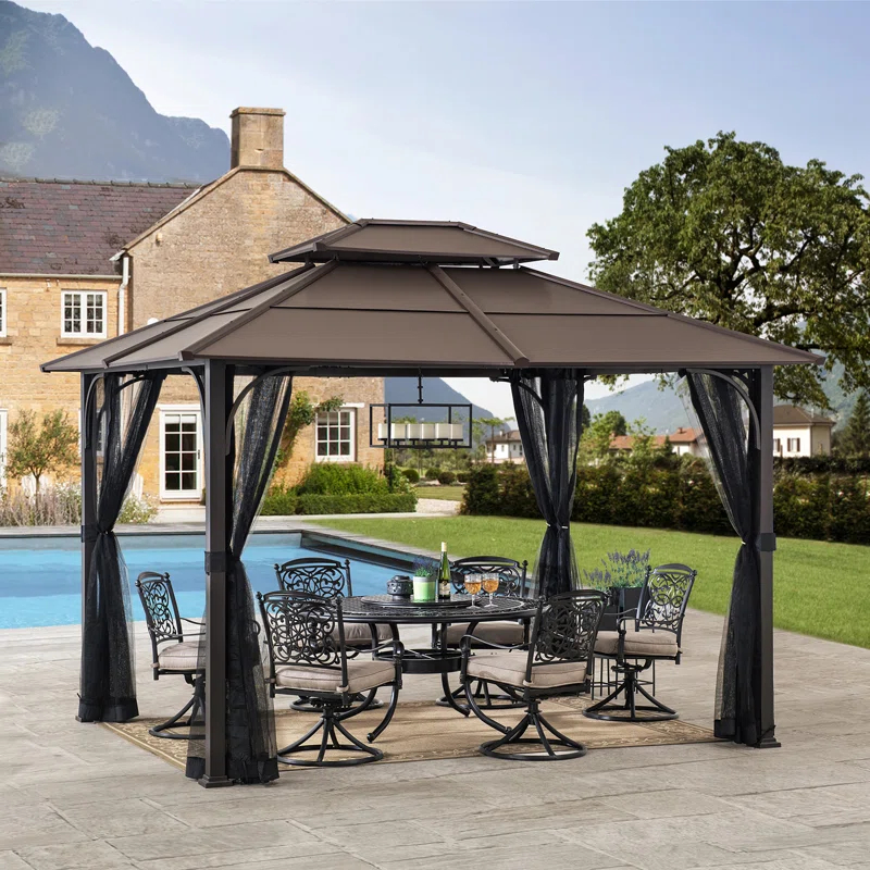 Sunjoy Sunjoy Hardtop Gazebo 10 x 12 ft. Outdoor Gazebo, Heavy Duty Steel Frame Gazebo, Double Roof Metal Gazebo with Ceiling Hook and Removable Netting Sidewalls