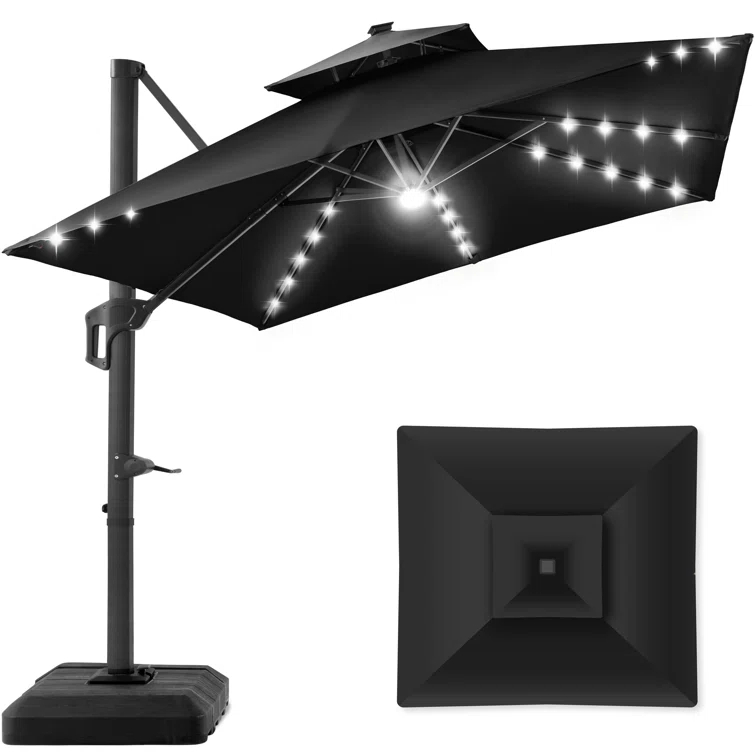 Arlmont & Co. Ronessa 10x10ft 2-Tier Square Outdoor Solar LED Cantilever Patio Umbrella w/ Base Included