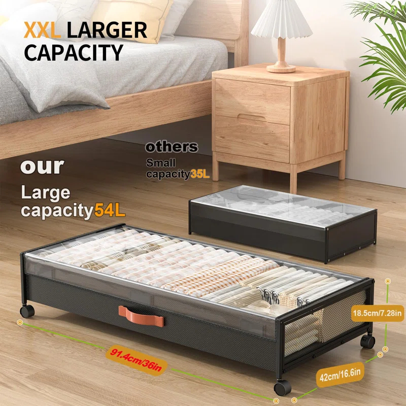 Rebrilliant Under Bed Storage With Wheels, 54L XXL Larger Under Bed Storage Containers With Clear Lids, 36'' Lengthen Under Bed Shoe Organizer, Rolling For Shoes Clothes(Black 2 Pack, XXL(36"X16.6"X7.28"))
