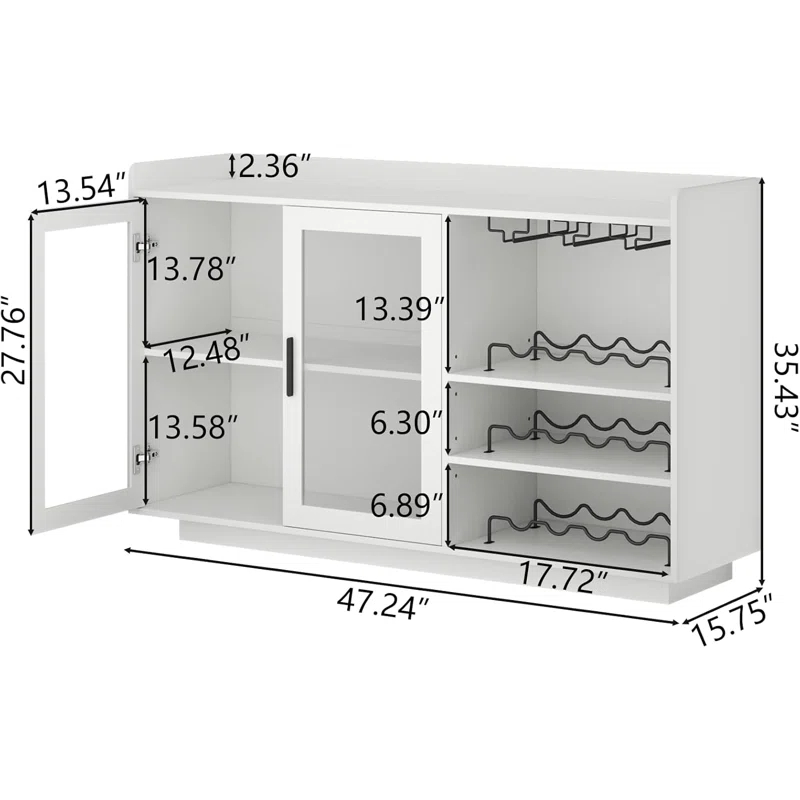 Brayden Studio® Wine Bar Cabinet with LED Lights, Floating Coffee Bar with Glass Rack and Removable Wine Racks, Modern Buffet Sideboard with Storage Shelves, Kithchen Bar with Glass Cabinet Doors, White