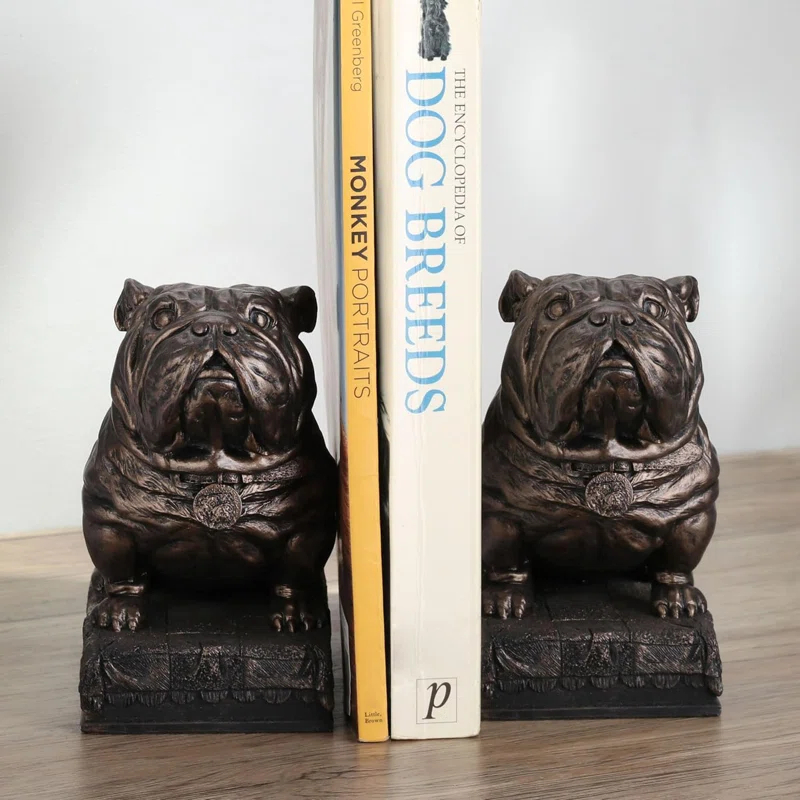 AMIPOR Inch British Bulldog Bookends Resin Sculpture Bookends Hand Painted Bronze Finish Desktop Organizer