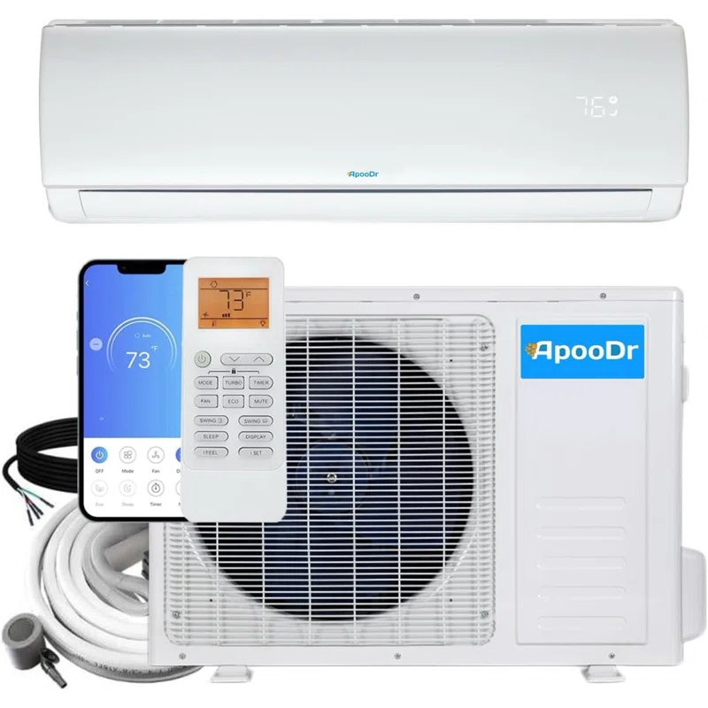 ApooDr 12,000 BTU 19 SEER2, 115-Volt, Ductless Mini Split AC with Heat Pump, Wi-Fi, 16Ft. Lineset