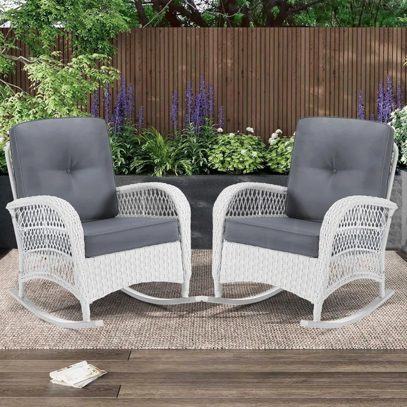 Beachcrest Home™ Beachcrest Home Outdoor Wicker Rocking Chairs Set Of 2, Rattan Patio Rocker Chairs With Thick Cushions And High Back, All-Weather Patio Wicker Chair With Safe Rocking Design For Garden, White Wicker