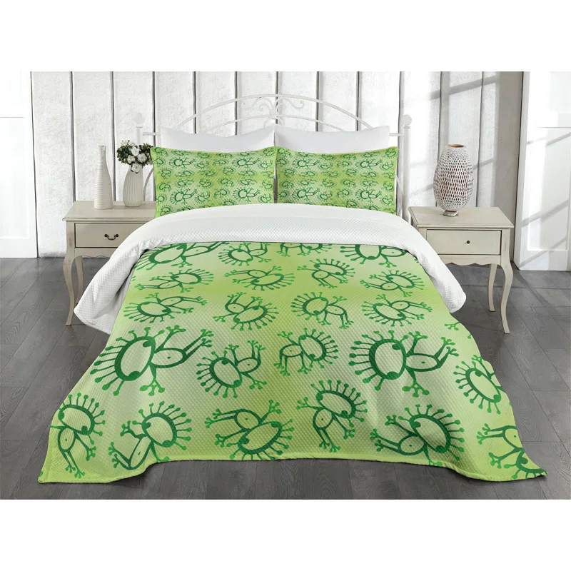 Ambesonne Ambesonne Green Bedspread Set Doodle Style Alien Frogs Green