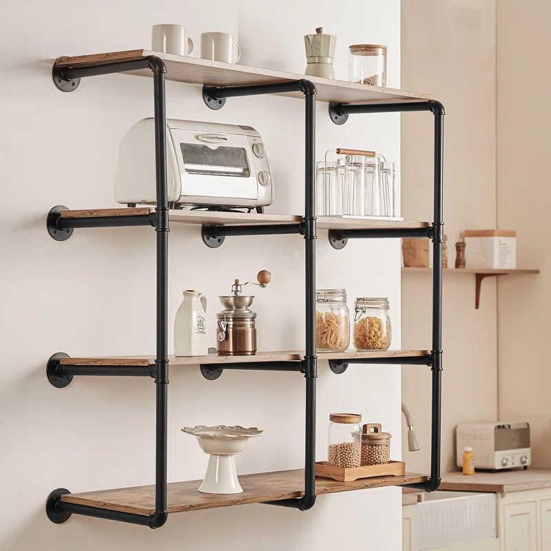 17 Stories Industrial Pipe Shelf 4 Tier 3PCS 11.8in W Wall-Mount Planks NOT Included