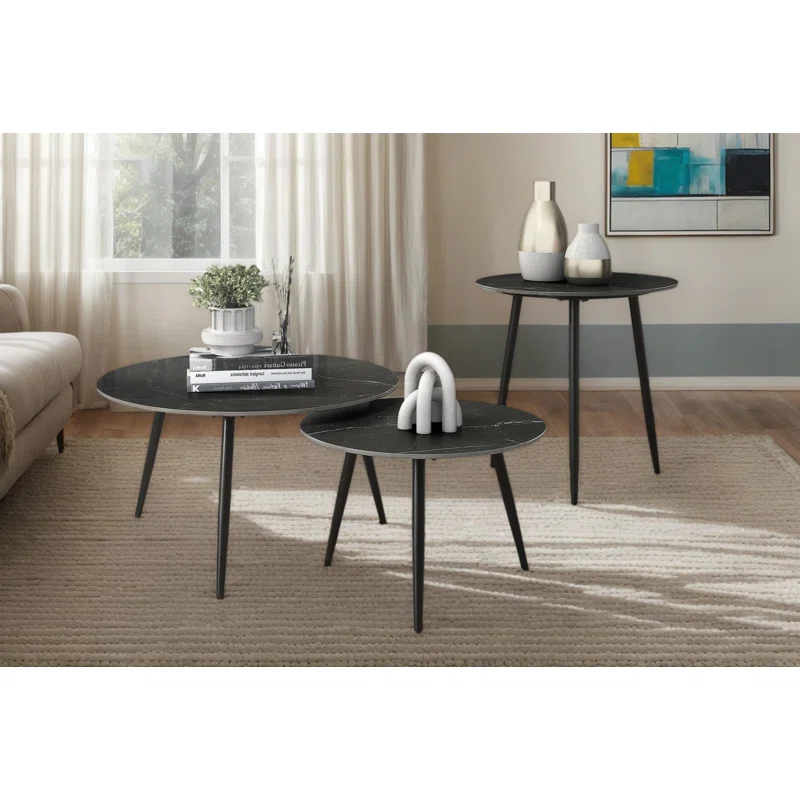 George Oliver 3 Piece Occasional Table Set, Living Room Table Set With Metal Legs & Sintered Stone Top, Modern Coffee Table Set, Nesting Cocktail Table And Side Table And End Table For Living Room Bedroom Balcony
