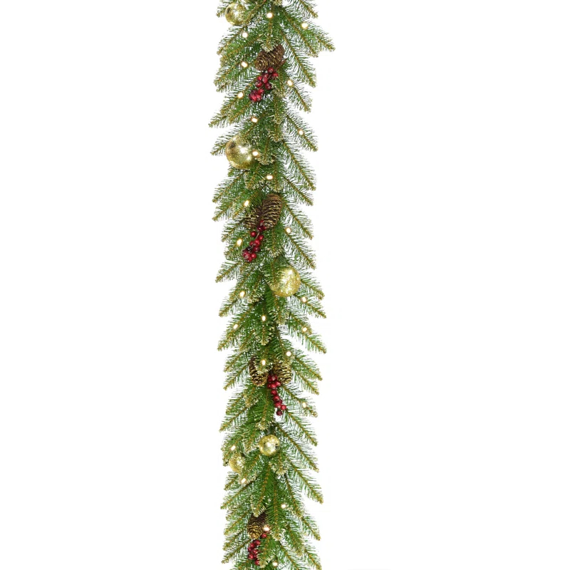 The Holiday Aisle® 9 ft. Glittery Gold Dunhill Fir Garland with Battery Operated LED Lights