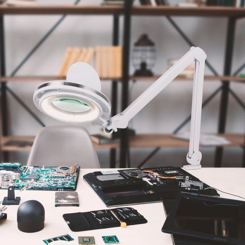Brightech Lightview Pro 33 in. Adjustable Swing Arm Integrated 2.25X Magnifying Dimmable LED Desk Clamp Lamp