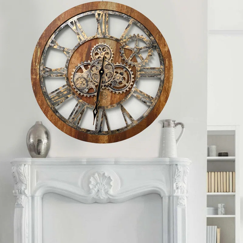 Wall Clock 24" Round Oversized for Living Room decor with Real Moving Gears America Collection