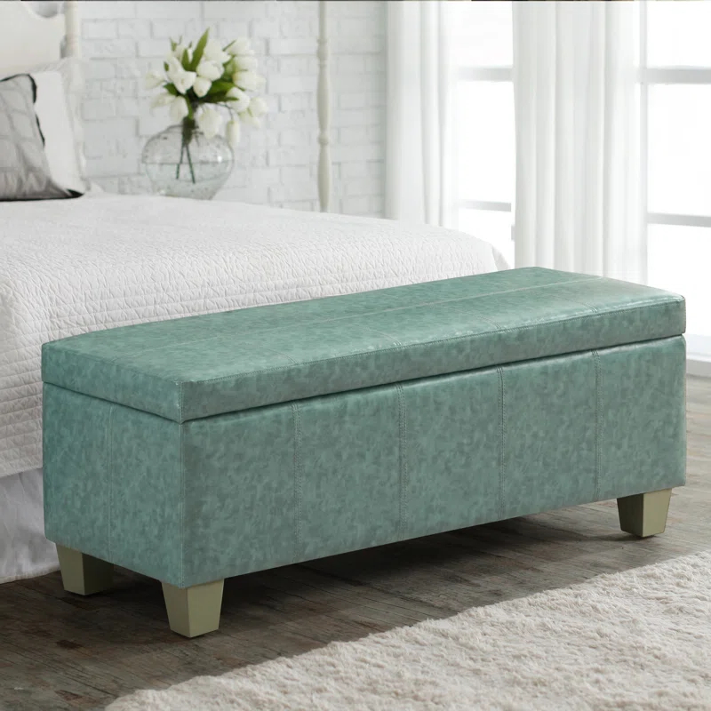 Ebern Designs Faux Leather Storage Ottoman, Rectangle Upholstered End Of Bed Storage Bench,  Stitch Tufted Bedroom Bench With Storage, Entryway Large Storage Ottoman With Wooden Legs