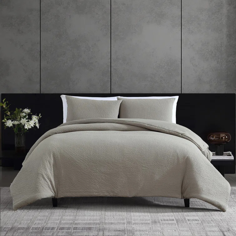 Vera Wang Puckered Texture Cotton Grey Duvet Cover Set | Wayfair
