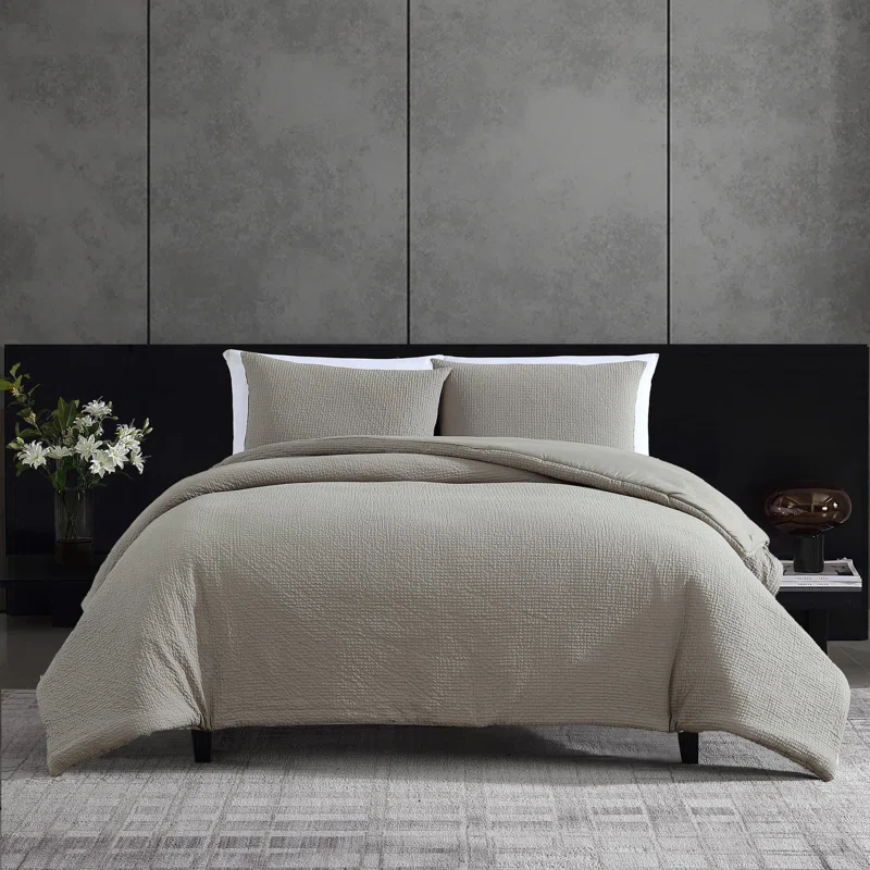 Vera Wang Puckered Texture Cotton Grey Duvet Cover Set | Wayfair