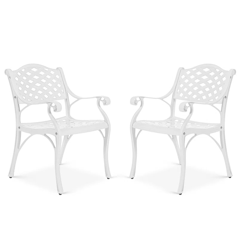 One Allium Way® 2 Piece Patio Dining Chairs, Outdoor All-Weather Cast Aluminum Chairs, Patio Bistro Dining Chair Set Of 2 For Garden Deck Backyard, Lattice Weave Design, White