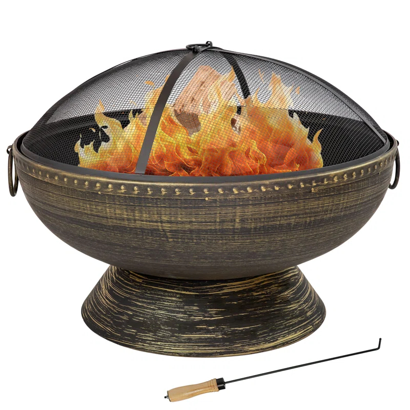 SunnyDaze Decor 30" Wood-Burning Black Finish Steel Fire Pit Bowl with Screen, Grate, and Poker