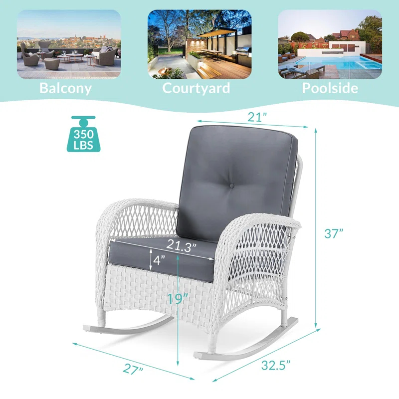 Highland Dunes Highland Dunes Outdoor Wicker Rocking Chair, Rattan Patio Rocker Chairs With Cushions And High Back, All-Weather Patio Wicker Chair With Safe Rocking Design For Garden Backyard Porch, White Wicker