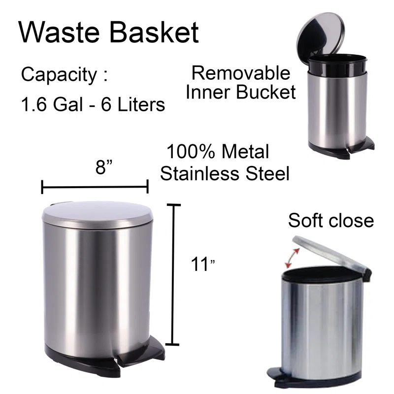 Evideco Soft Close Lid Round Metal Step on Trash Can Waste Basket  6-liters-1.6-gal.