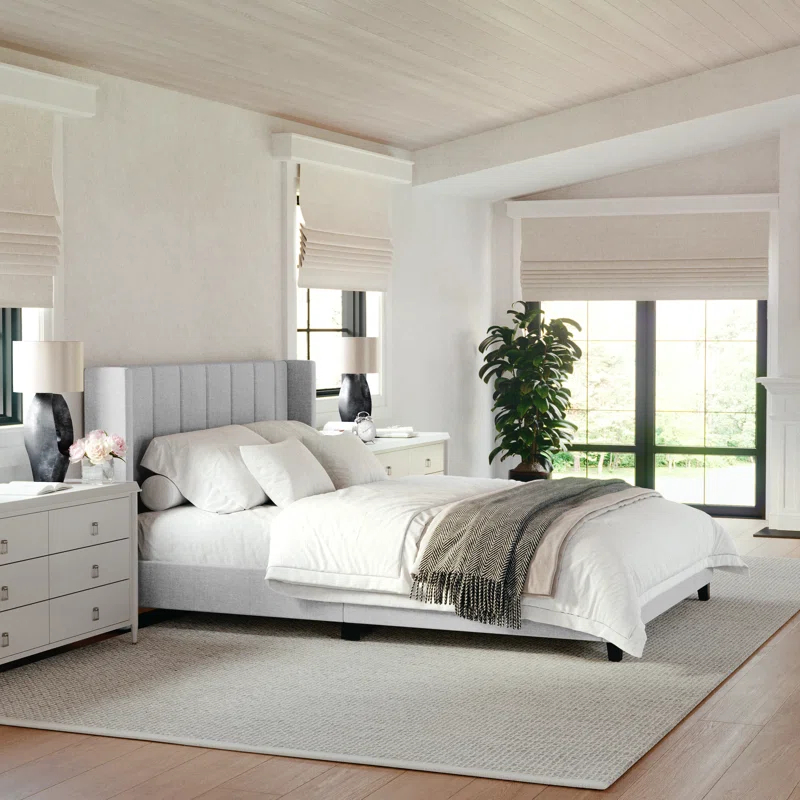 Martha Stewart Martha Stewart Kay Upholstered Platform Bed With Channel Stitched Wingback Headboard