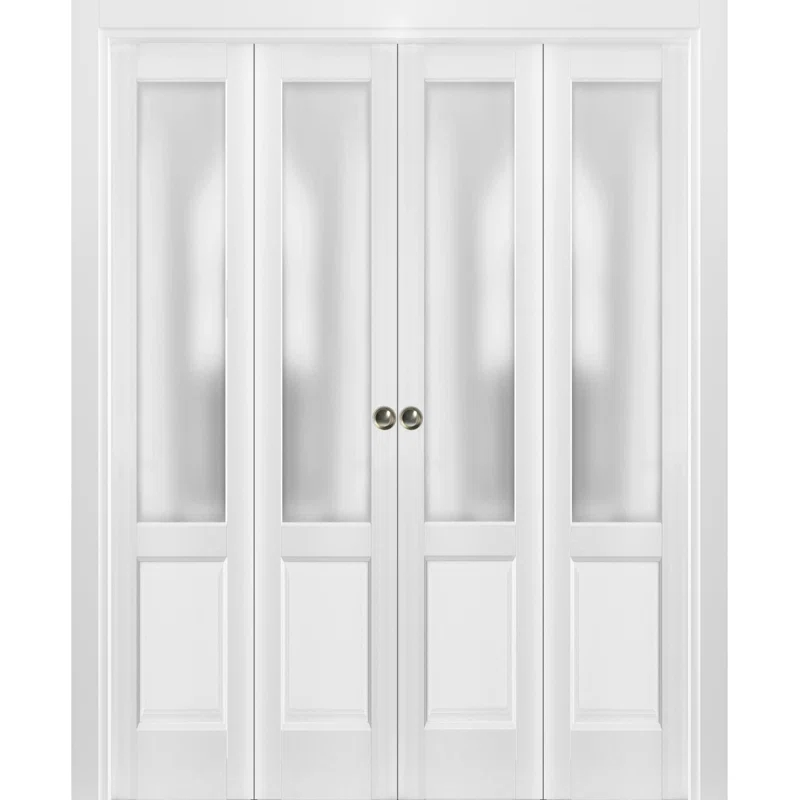 SARTODOORS Sliding Closet Double Bi-Fold Doors | Lucia 22 With Frosted Glass | Sturdy Tracks Moldings Trims Hardware Set | Wood Solid Bedroom Wardrobe Doors