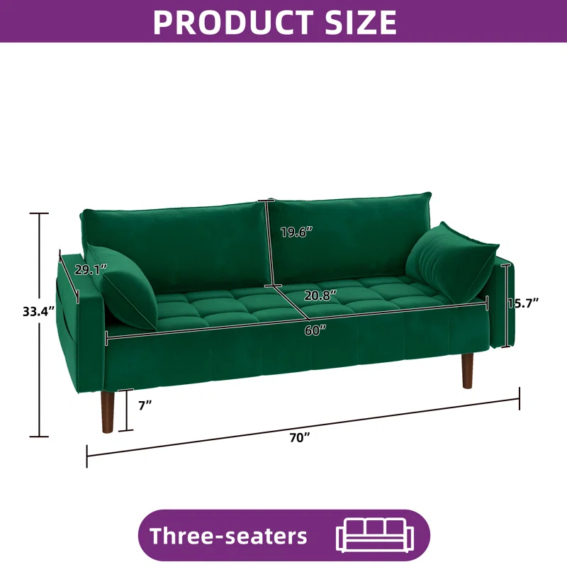 Mercer41 Damales 70" Square Arm Loveseat Sofa, Modern Velvet Loveseat with 2 Pillows