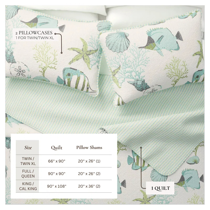 FreshFolds Blue / Green Fish & Seashell Quilt Set with Shams