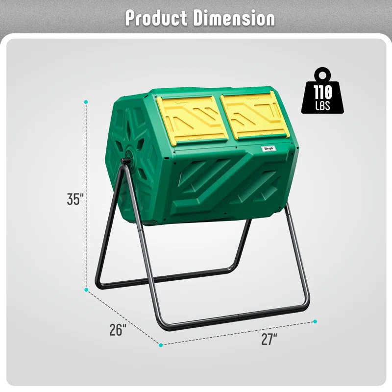 werph Werph 43 Gallon Dual Chamber Compost Tumbler Bin - Outdoor Rolling Composter with 2 Sliding Doors