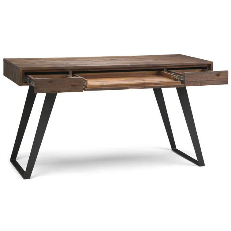 Simpli Home Lowry Solid Acacia Wood Desk, Industrial Style with Keyboard Tray and 2 Drawers