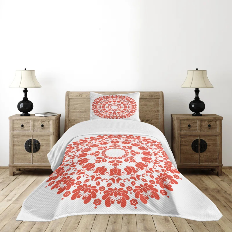Ambesonne Ambesonne Mandala Bedspread Set Hungarian Round Folk Art White and Vermilion
