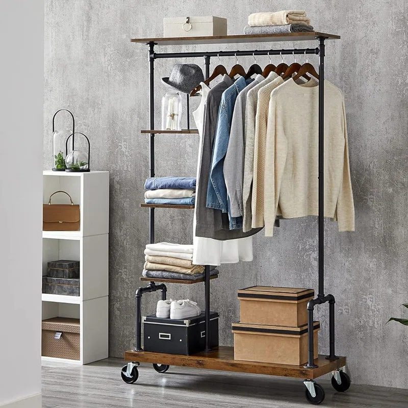 Clothes Rack,Rolling Clothes Organizer with 5-Tier, Industrial Pipe Style, Rustic Brown