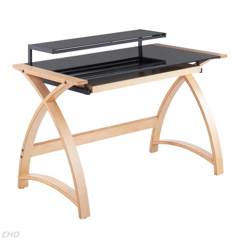Brayden Studio® Bentley Mid-Century Modern Office Desk In Natural Wood And Black Glass By Lumisource