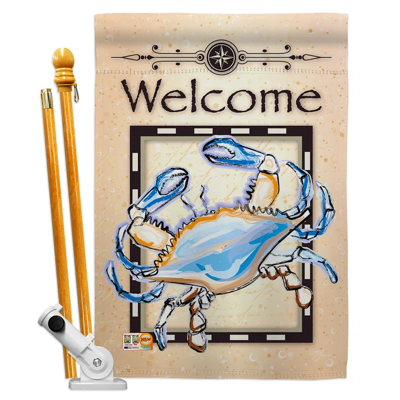 Breeze Decor BD-NA-HS-107028-IP-BO-D-US13-BD 28 x 40 in. Blue Crab Coastal Nautical Impressions Decorative Vertical Double Sided House Flag Set & Pole Bracket Hardware