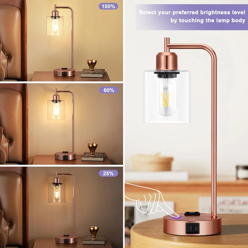 Latitude Run® Industrial Touch Table Lamps for Bedrooms Set of 2 - 3-Way Dimmable Nightstand Lamps with USB C+A Ports and Outlet, Bedside Lamps with Glass Shade for Living Room, Desk Lamps for Home Office