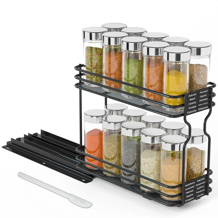 SpaceAid Heavy Duty Pull-Out Spice Rack Organizer for Cabinets – Slide-Out Seasoning Holder with Labels, 1 Drawer, 2-Tier
