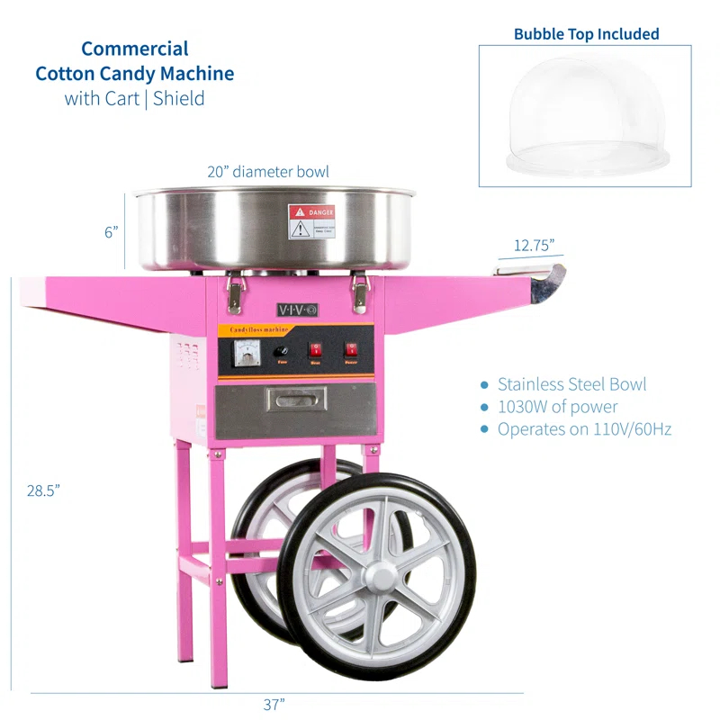 Vivo Electric Commercial Cotton Candy Machine with Cart and Bubble Shield