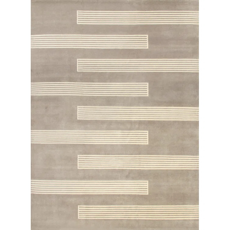 Loomed Stripes Cream & Taupe Hand-Knotted Wool Rug 4' x 6'